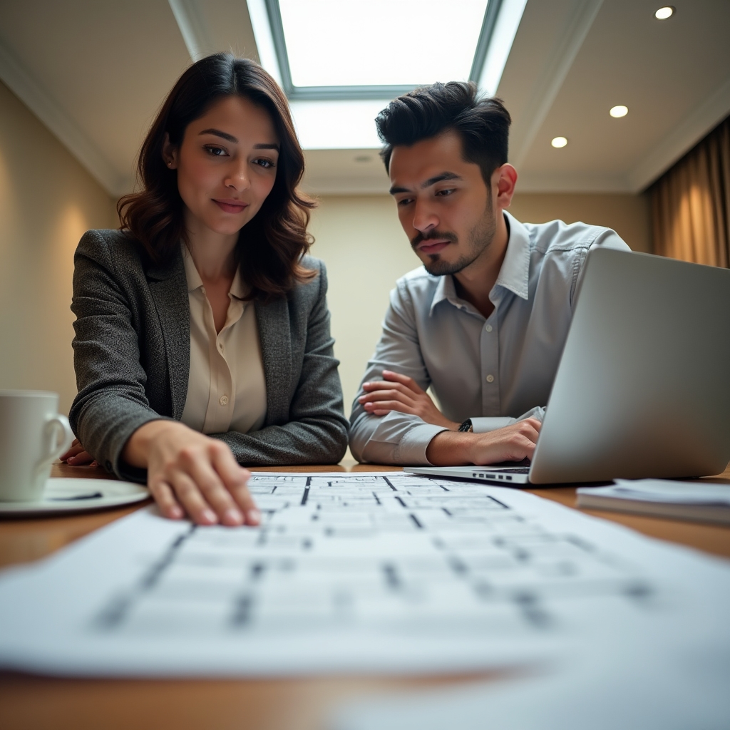 Consultant and employee reviewing apartment listings on a laptop and printed floor plans