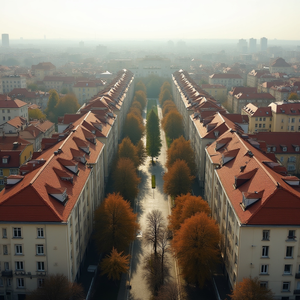 Wide view of a Bucharest residential district with tree-lined streets