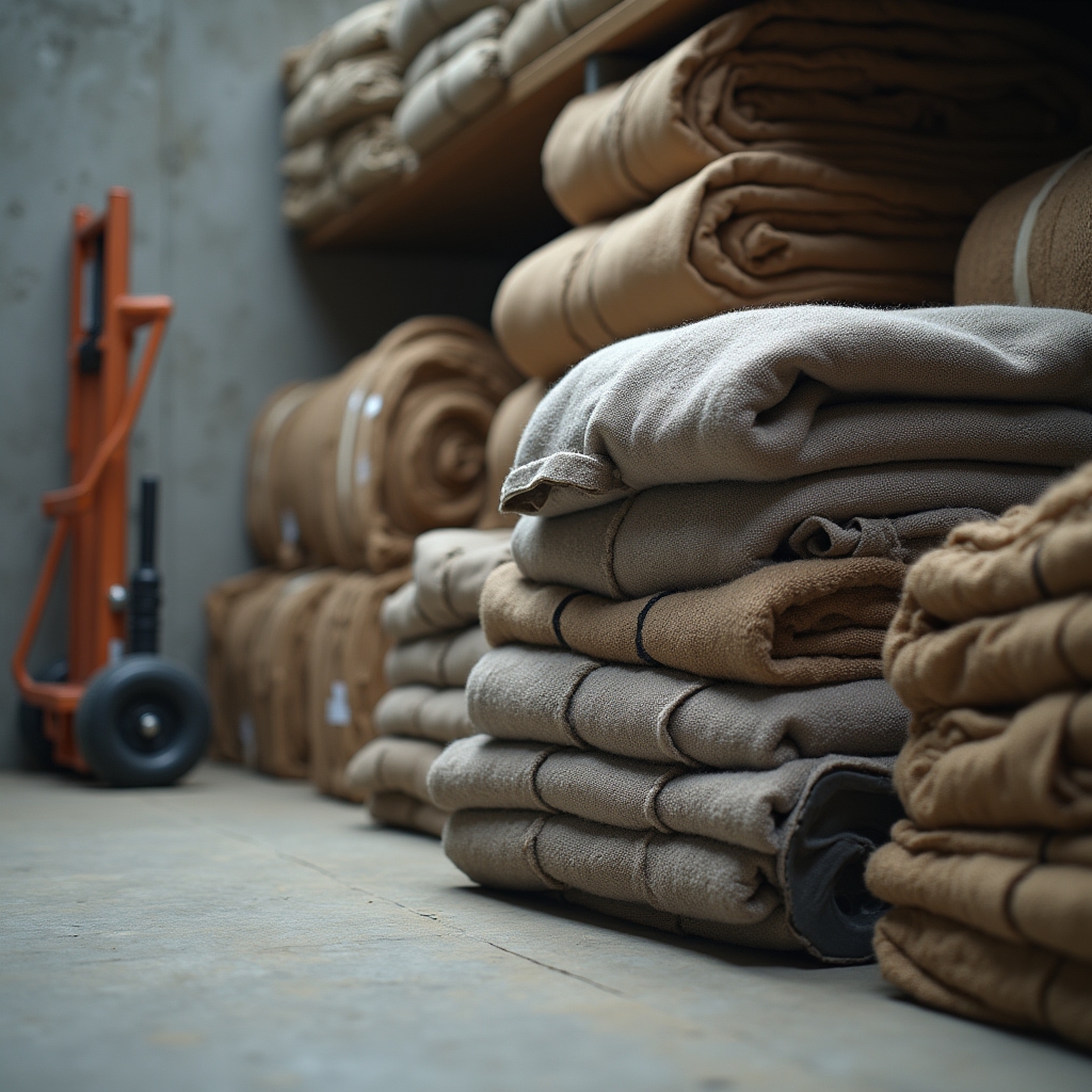 Moving equipment including dollies, packing crates, and moving blankets stacked in a storage area